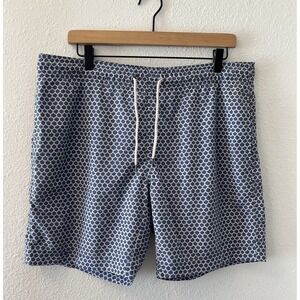 Faherty Men's Swim Trunks Medium Blue Fishscale Print Drawstring Mesh Lined